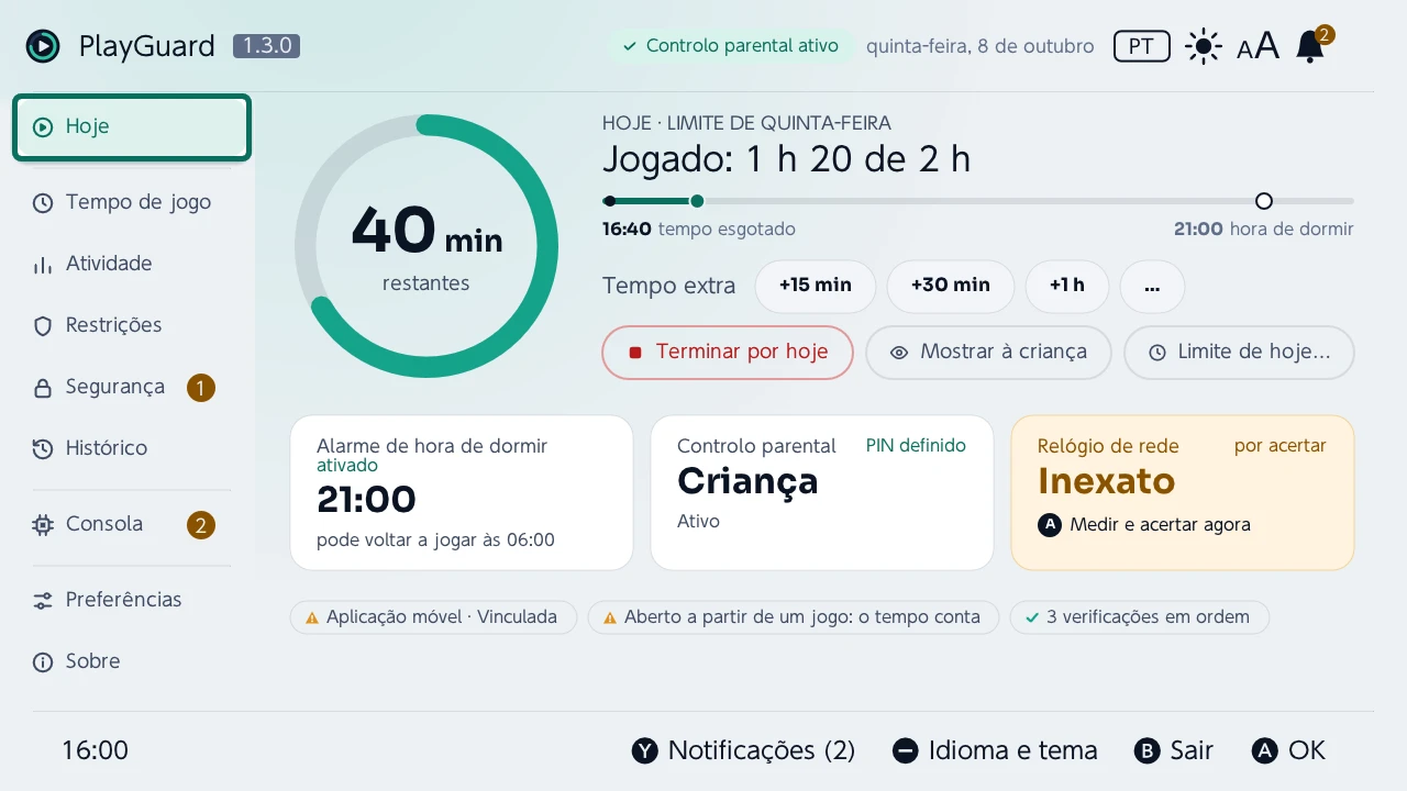 Hoje: o tempo restante num anel, o tempo extra e parar por hoje, depois a hora de dormir, o controlo parental e o relógio de rede num relance