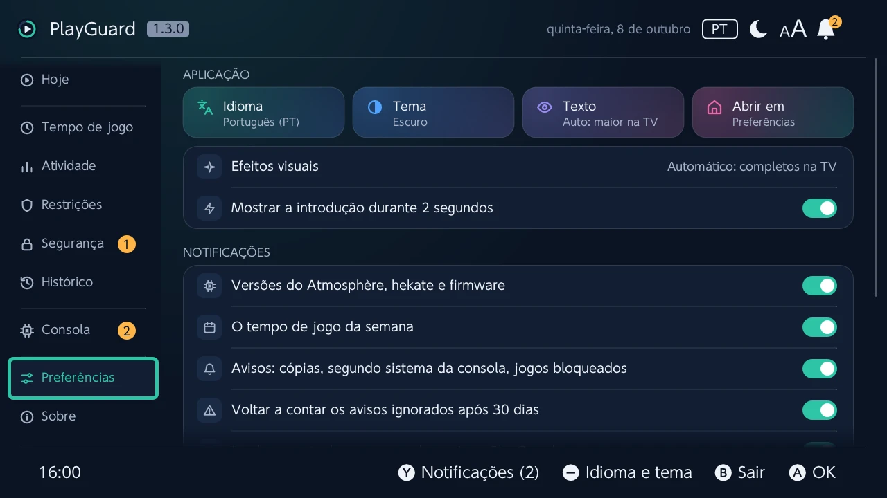 Preferências: o idioma, o tema, o tamanho do texto e o separador com que o PlayGuard abre