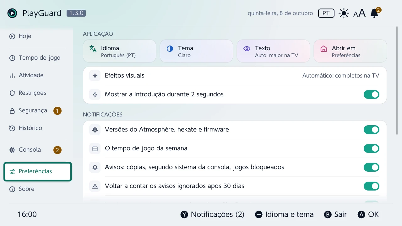 Preferências: o idioma, o tema, o tamanho do texto e o separador com que o PlayGuard abre