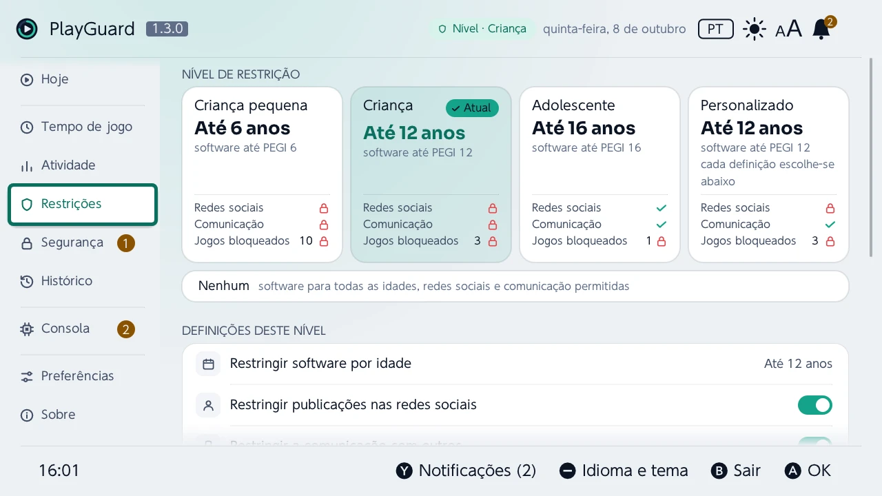 Restrições: o nível de restrição e o que permite