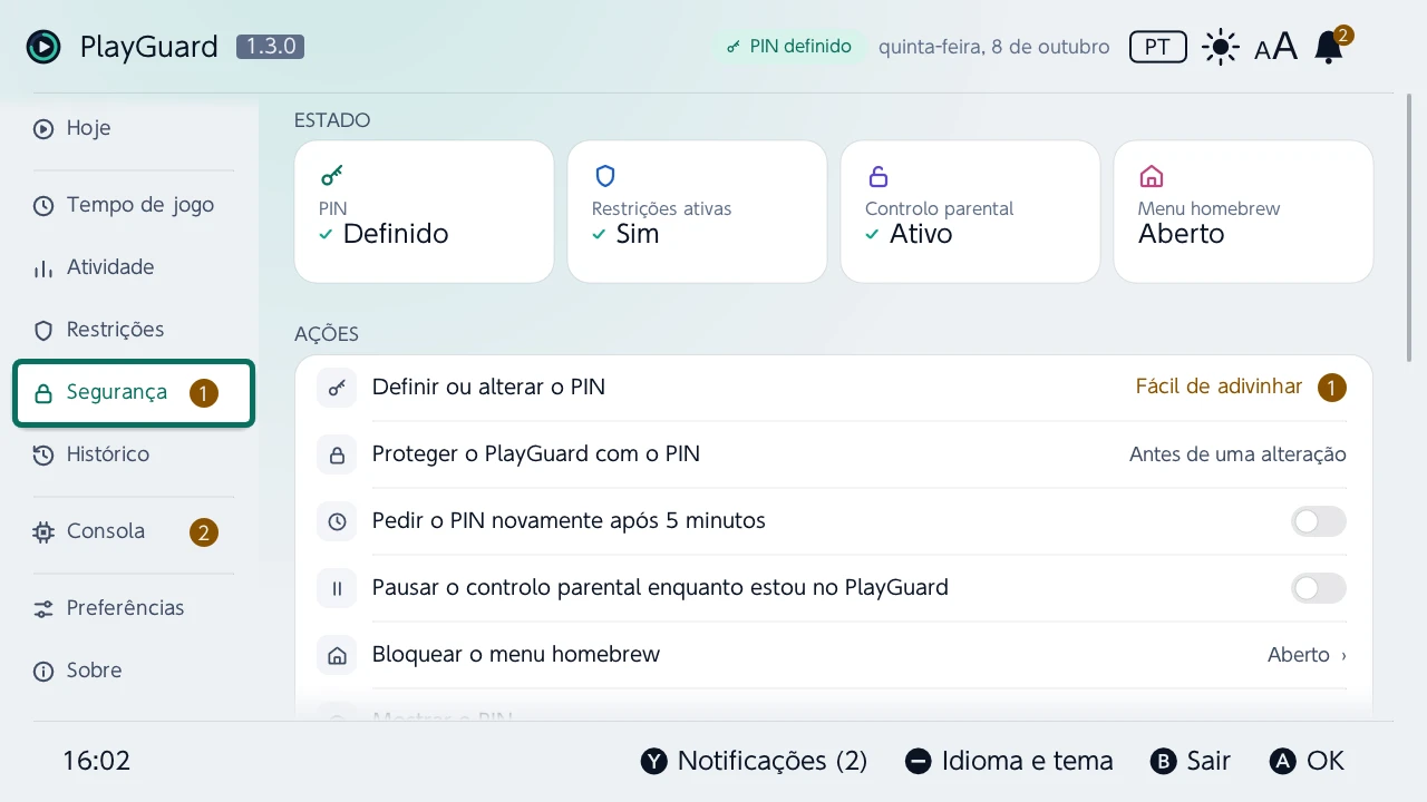 Segurança: o PIN, as restrições e o controlo parental como mosaicos de estado, depois as ações do PIN