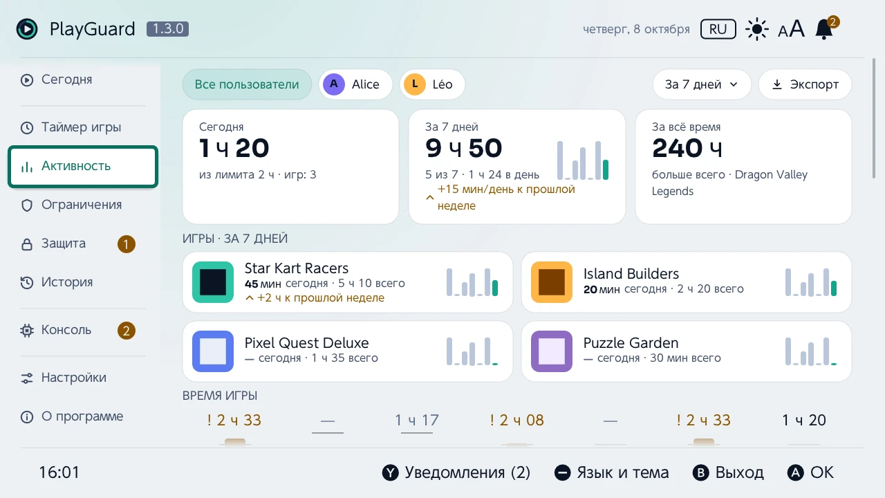 Активность: время игры сегодня, за неделю и всего, по играм и по учётным записям