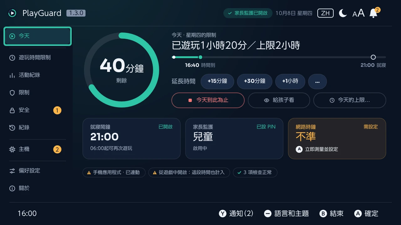 今天：圓環顯示剩餘時間，可延長時間或今天到此為止，並一眼看到就寢時間、家長監護和網路時鐘